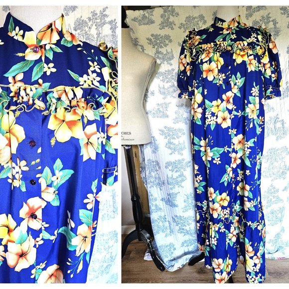 Size XL Vintage 1980s Hawaiian Ruffled Night Gown - Picture 2 of 11